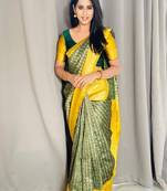 Green yellow printed traditional silk blend saree