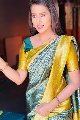 Green yellow printed traditional silk blend saree