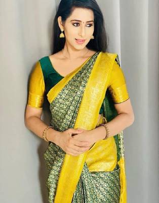 Green yellow printed traditional silk blend saree 3