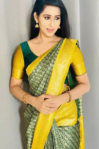 Green yellow printed traditional silk blend saree