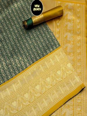 Green yellow printed traditional silk blend saree 4