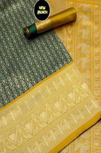 Green yellow printed traditional silk blend saree