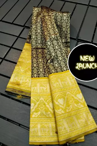 Green yellow printed traditional silk blend saree