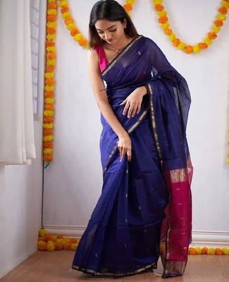 Royal blue festive silk blend saree 1