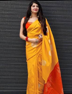 Mustard yellow printed casual silk blend saree 1