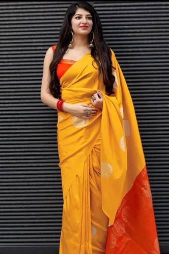Mustard yellow printed casual silk blend saree