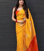 Mustard yellow printed casual silk blend saree