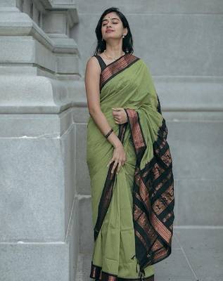 Elegant olive green traditional silk blend saree 1