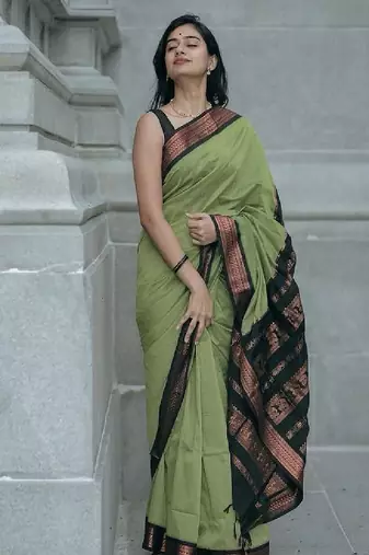 Elegant olive green traditional silk blend saree