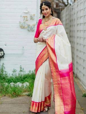 White pink traditional silk blend saree 1