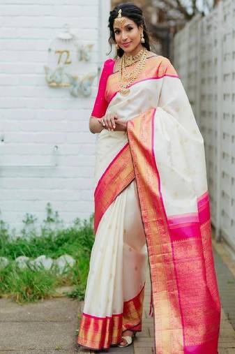 White pink traditional silk blend saree