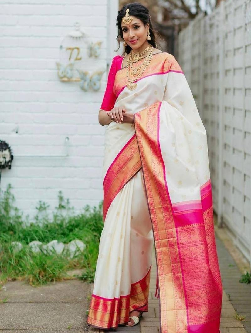 White pink traditional silk blend saree