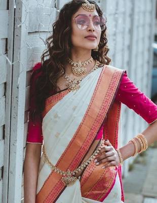 White pink traditional silk blend saree 2
