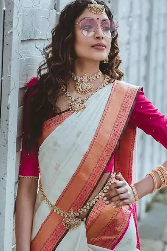 White pink traditional silk blend saree