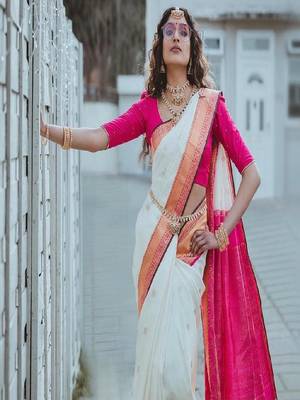White pink traditional silk blend saree 3
