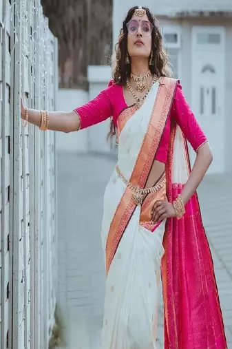 White pink traditional silk blend saree