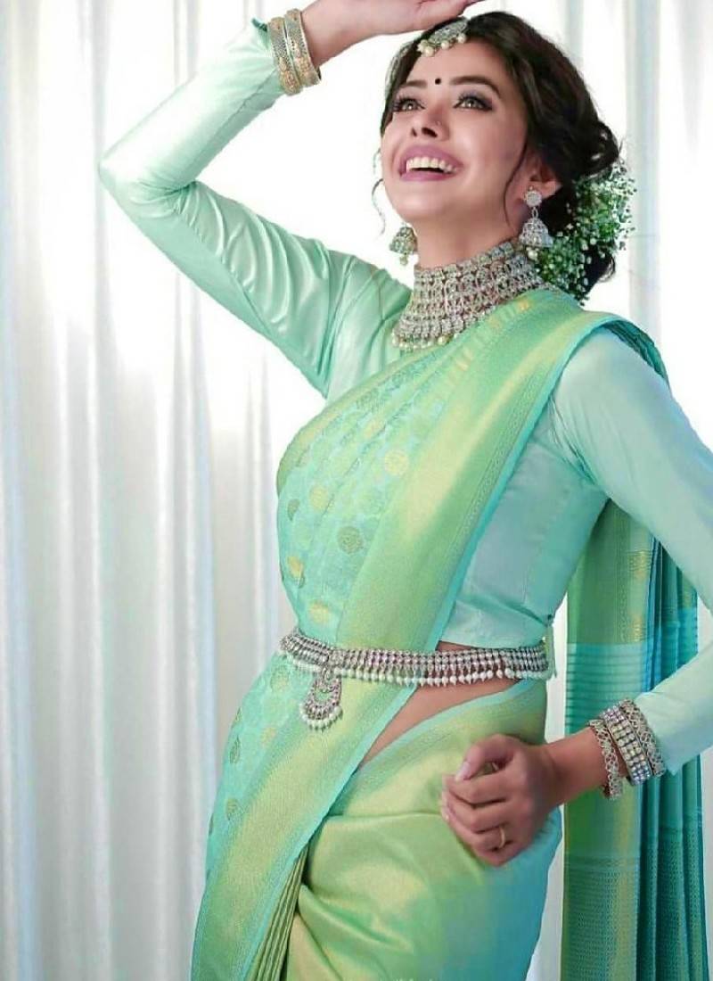 Mint green elegant woven silk blend saree