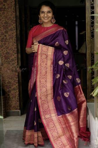 Purple zari border traditional silk blend saree