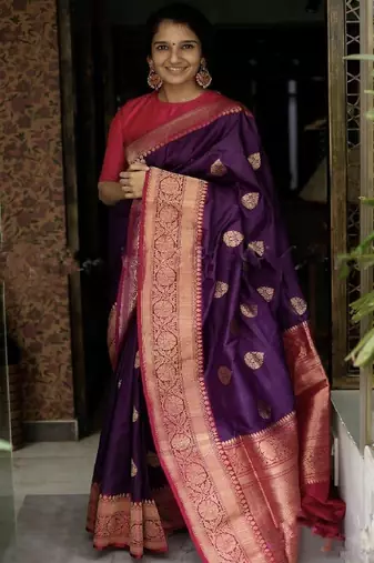 Purple zari border traditional silk blend saree
