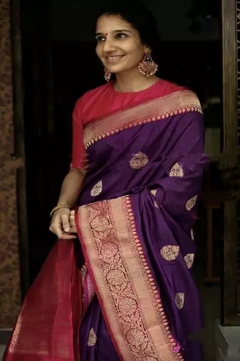 Purple zari border traditional silk blend saree