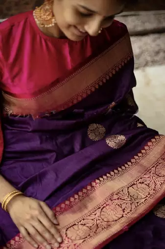 Purple zari border traditional silk blend saree