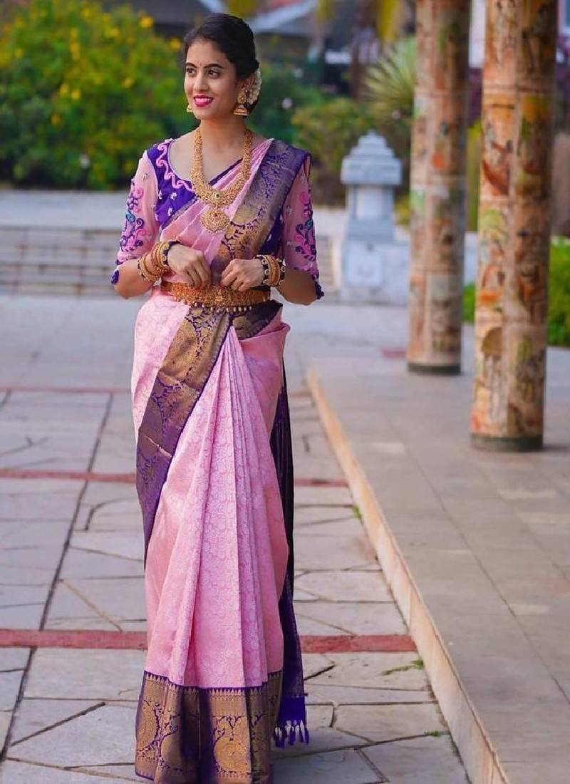 Elegant pink purple silk blend saree