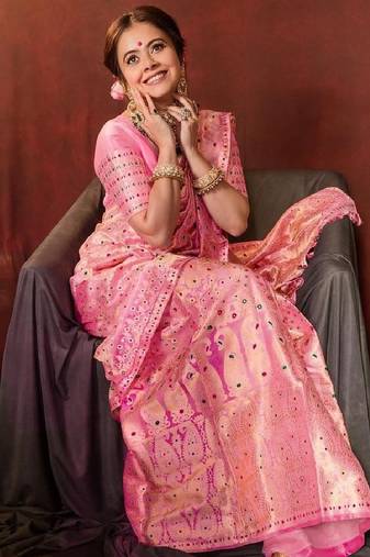 Pink embroidered silk blend festive saree