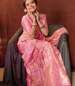 Pink embroidered silk blend festive saree