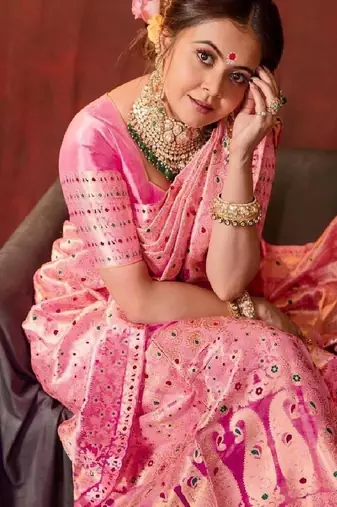 Pink embroidered silk blend festive saree