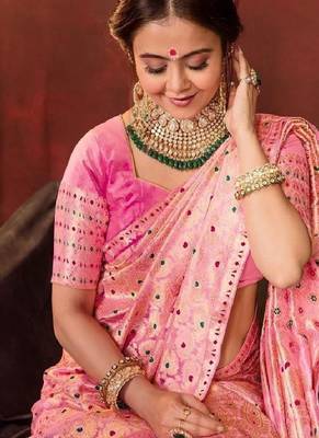 Pink embroidered silk blend festive saree 3