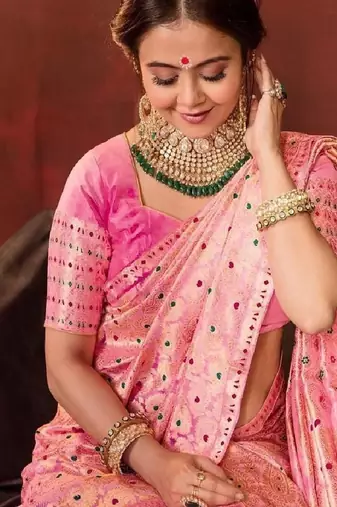 Pink embroidered silk blend festive saree