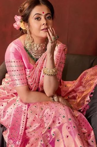 Pink embroidered silk blend festive saree