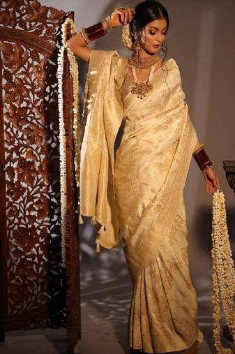 Golden traditional silk blend wedding saree
