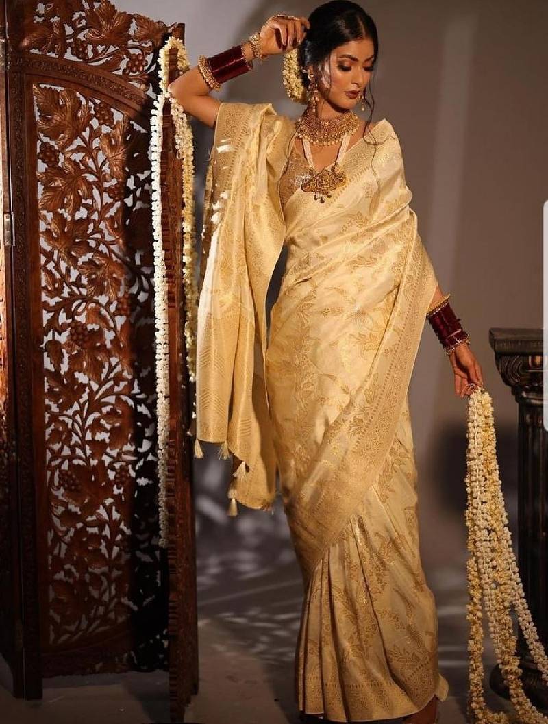 Golden traditional silk blend wedding saree