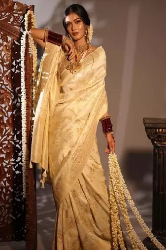 Golden traditional silk blend wedding saree