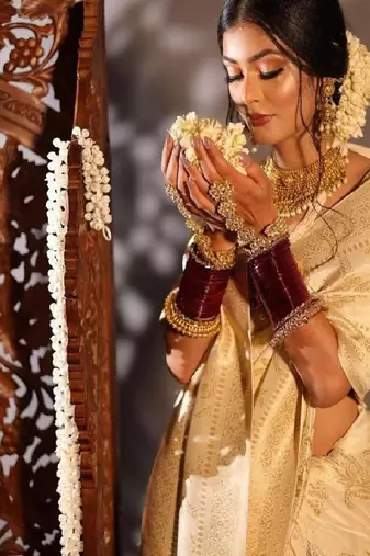 Golden traditional silk blend wedding saree