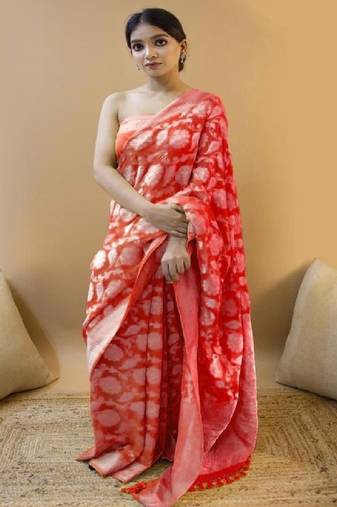Red tie dye silk blend saree