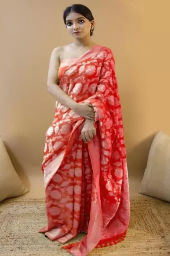 Red tie dye silk blend saree
