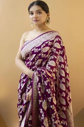 Purple woven silk blend designer saree