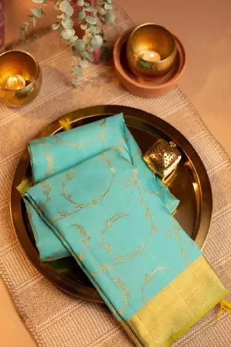 Turquoise silk blend traditional saree fabric