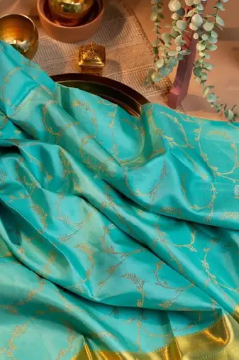 Turquoise silk blend traditional saree fabric