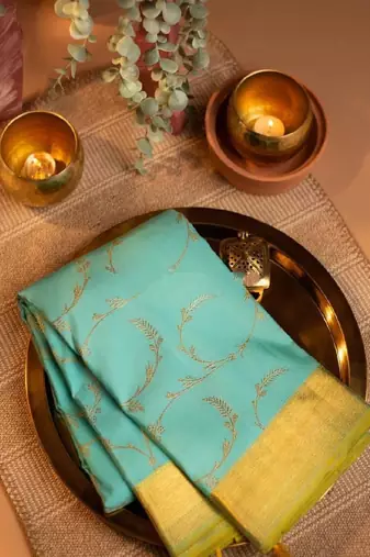 Turquoise silk blend traditional saree fabric