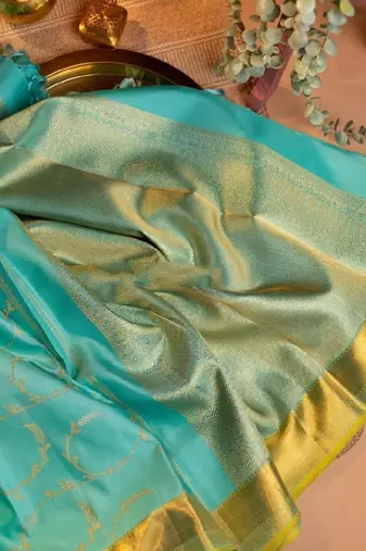 Turquoise silk blend traditional saree fabric