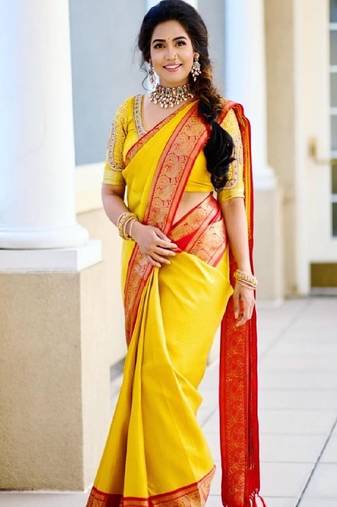 Bright yellow traditional silk blend saree