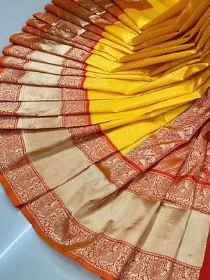 Bright yellow traditional silk blend saree 3