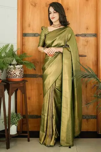 Elegant olive green silk blend saree