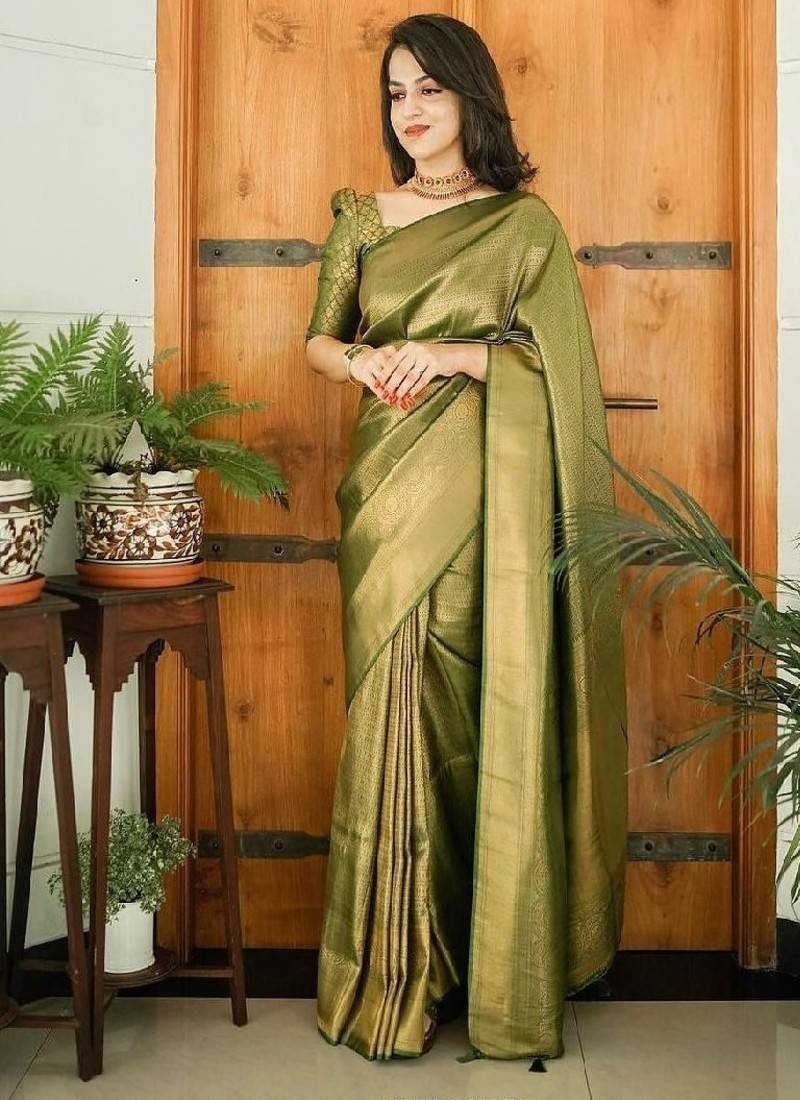 Elegant olive green silk blend saree