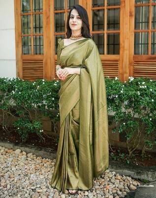 Elegant olive green silk blend saree 4