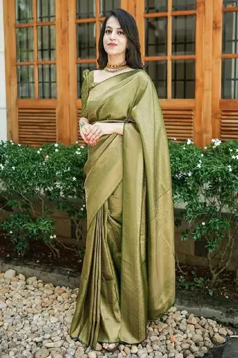 Elegant olive green silk blend saree