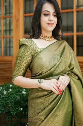 Elegant olive green silk blend saree